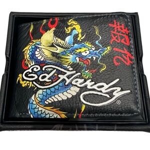 Ed Hardy Men's Black Leather Wallet Dragon Tattoo Bifold with Leather Box Cover